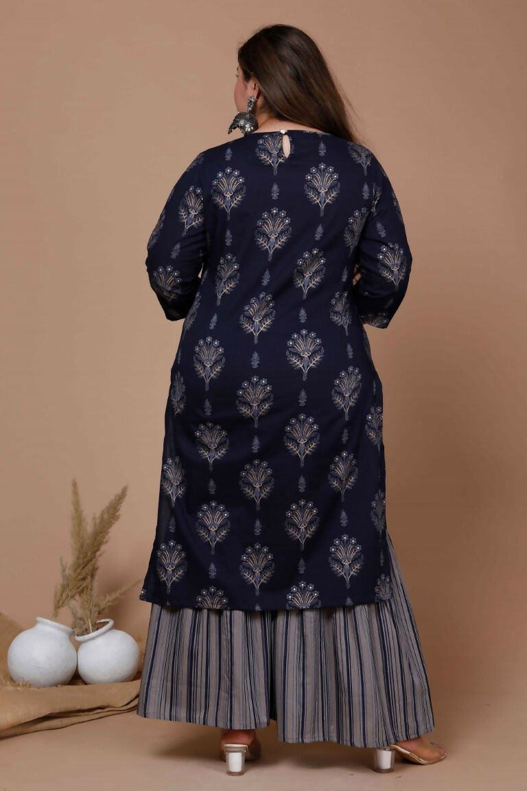 Miravan Women's Plus Size Navy Blue Printed Pure Cotton Kurta With Sharara | Grocsy