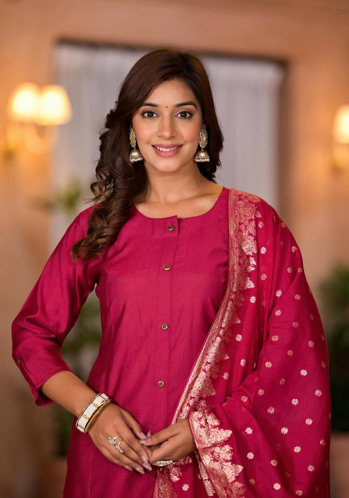 Juniper Women's Fuchsia Zari Embroidered Cotton Kurta Set With Button Closure | Grocsy