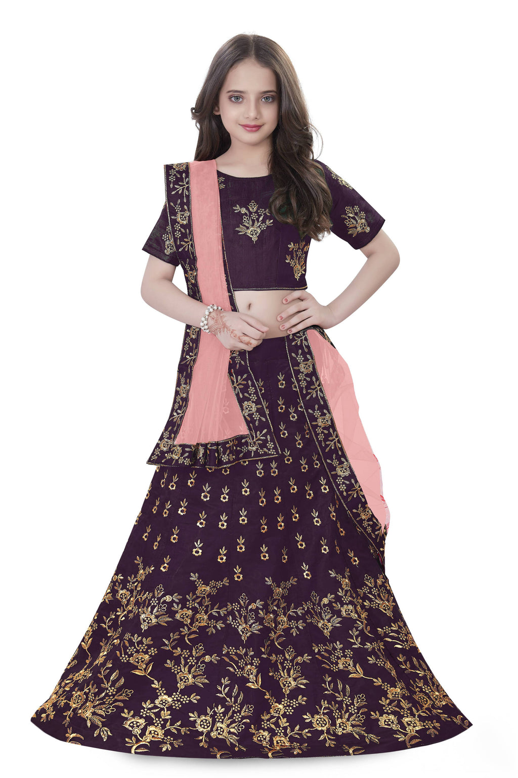 Dwiden Purple Baby Doll Tafetta Sattin Semi-Stitched Girl's Lehenga Choli | Grocsy