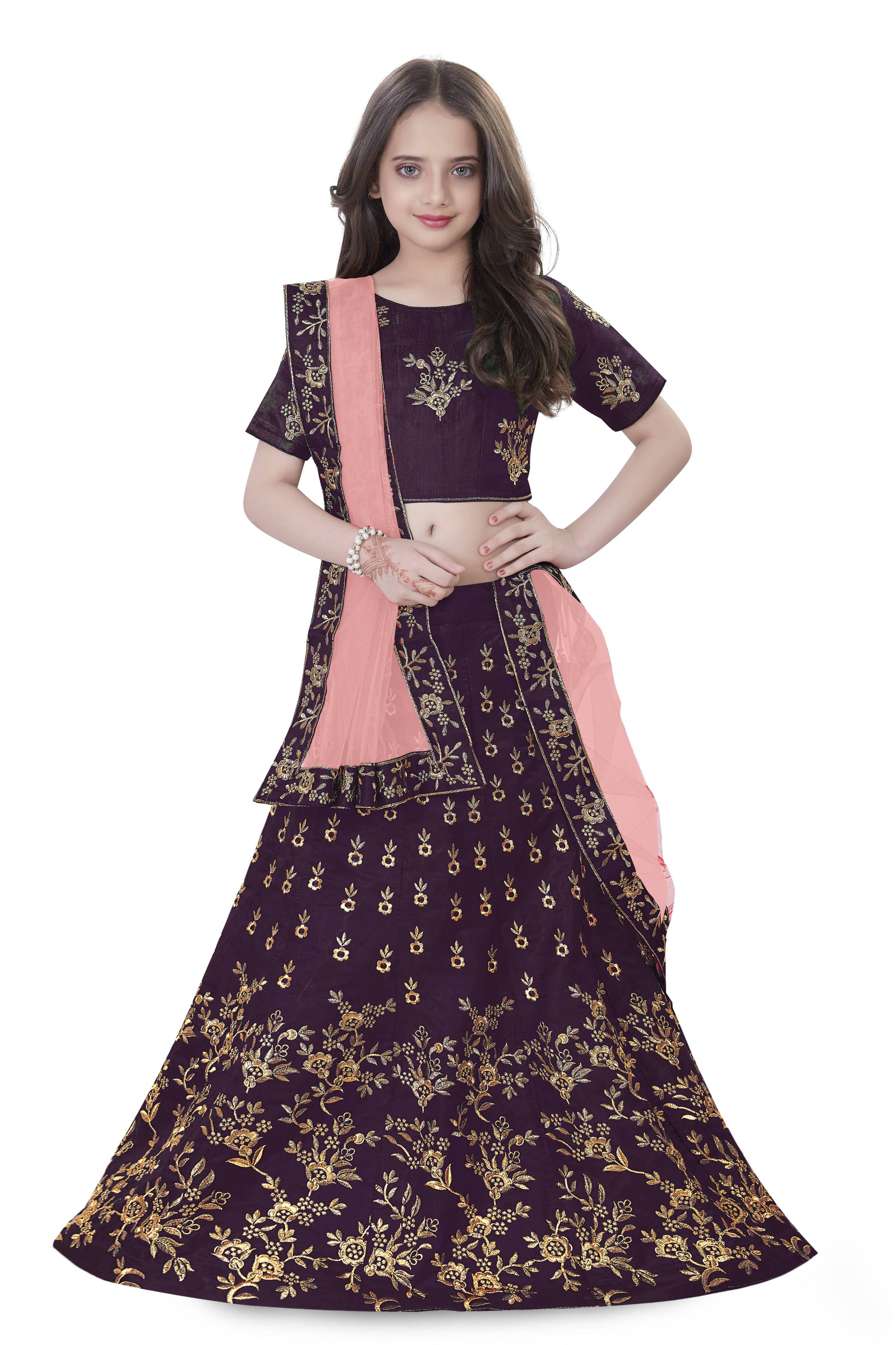Dwiden Purple Baby Doll Tafetta Sattin Semi-Stitched Girl's Lehenga Choli | Grocsy