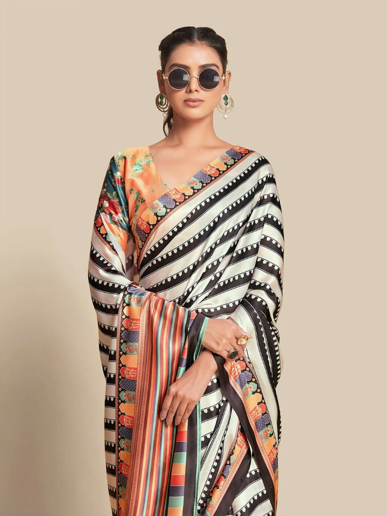 Partywear Designer Black & White Bright Moss Fancy Saree - Durga | Grocsy