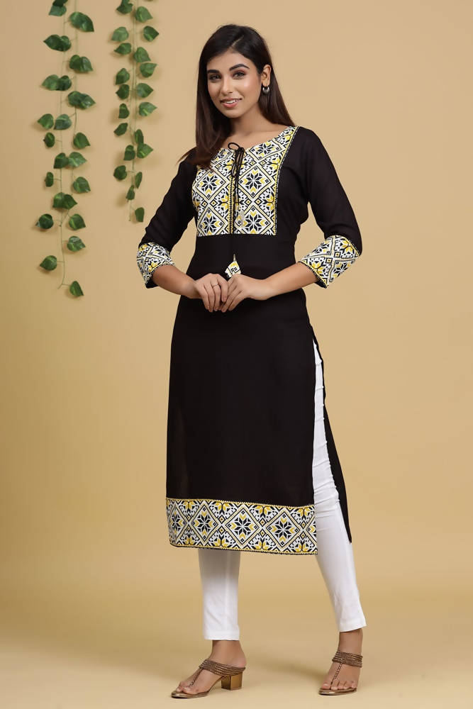 Yufta Women Black & Yellow Geometric Yoke Design Straight Kurta | Grocsy