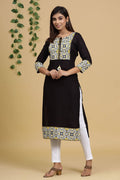 Yufta Women Black & Yellow Geometric Yoke Design Straight Kurta | Grocsy
