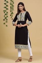Yufta Women Black & Yellow Geometric Yoke Design Straight Kurta | Grocsy