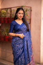 Blue Silk Blend Ajrak Saree with Unstitched Blouse - Hiral Fashion | Grocsy