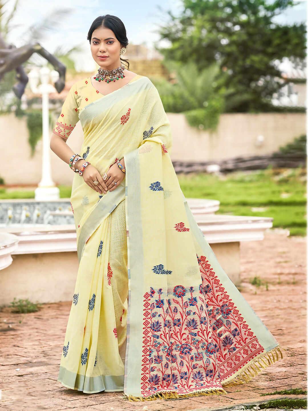 Sangam Prints Yellow Linen Woven Work Traditional Saree | Grocsy
