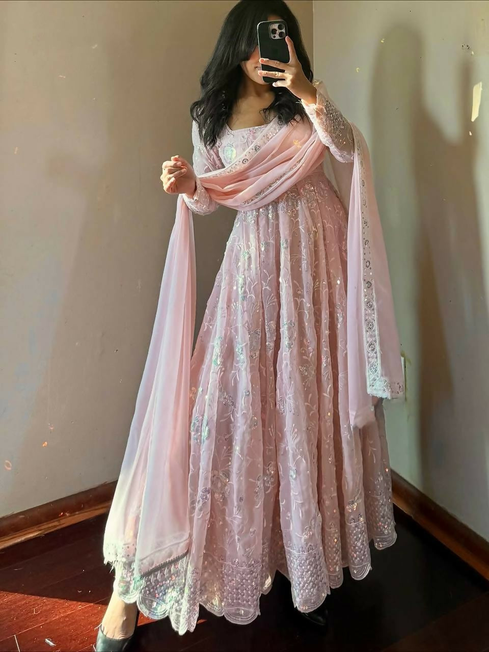 Teeya Creation Light Peach Color Faux Georgette Long Party Wear Gown | Grocsy