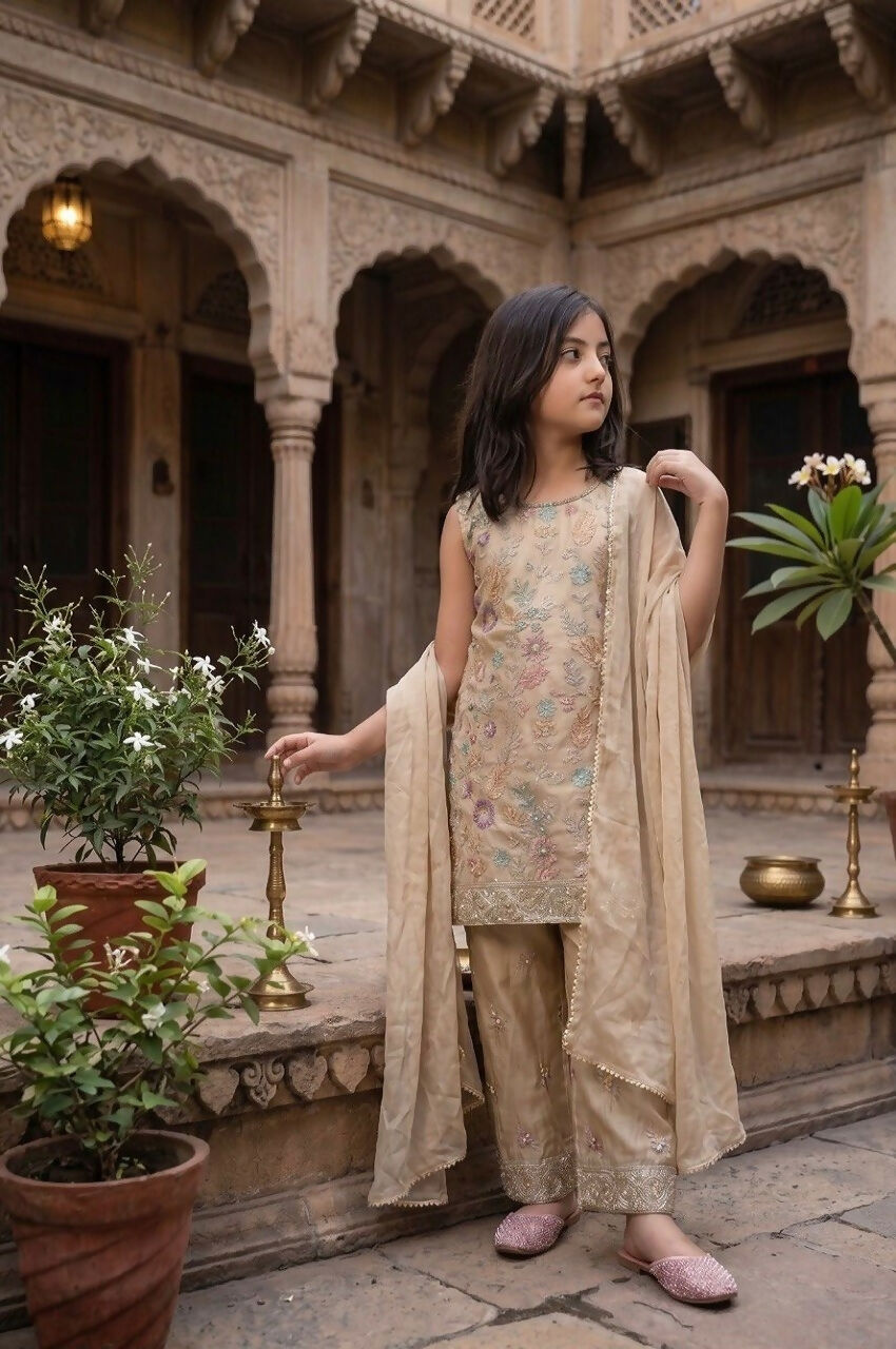 Teeya Creation Trendy Stylish Kids Wear Heavy Embroidery Sequence Work Kurta Set -Beige | Grocsy