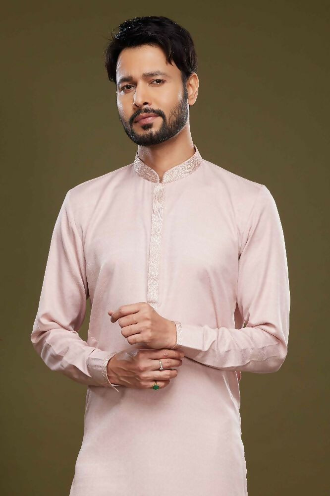 Raivat Ethnic Art Banarasi Silk Thread Work Kurta Pajama In Pink Colour | Grocsy
