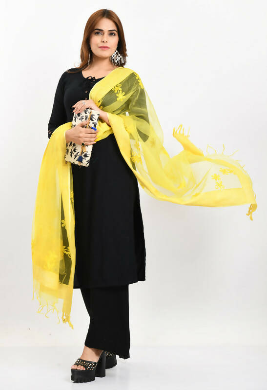 Mominos Fashion Moeza Women's Orgenza All Over Chikan Work Lemon Yellow Dupatta | Grocsy