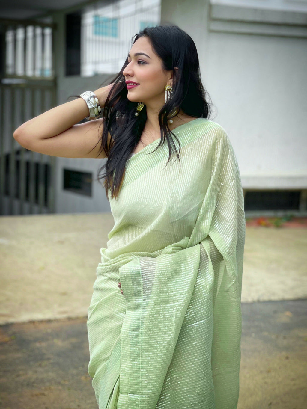 Vamsee Solid Color Sea Green Georgette Saree | Grocsy