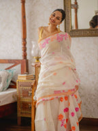 Prime Volt Women's Off-White Floral Digital Print Soft Linen Saree With Blouse | Grocsy