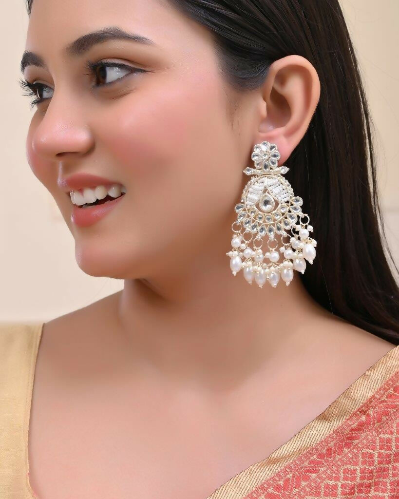 VOJ Gold-Polished Stone Studded Drop Earrings