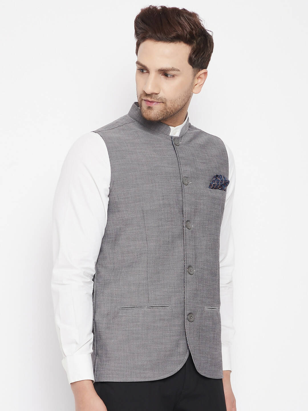 Even Apparels Grey Merino Men's Nehru Jacket-Contrast Lining-Free Pocket Square PW690 | Grocsy