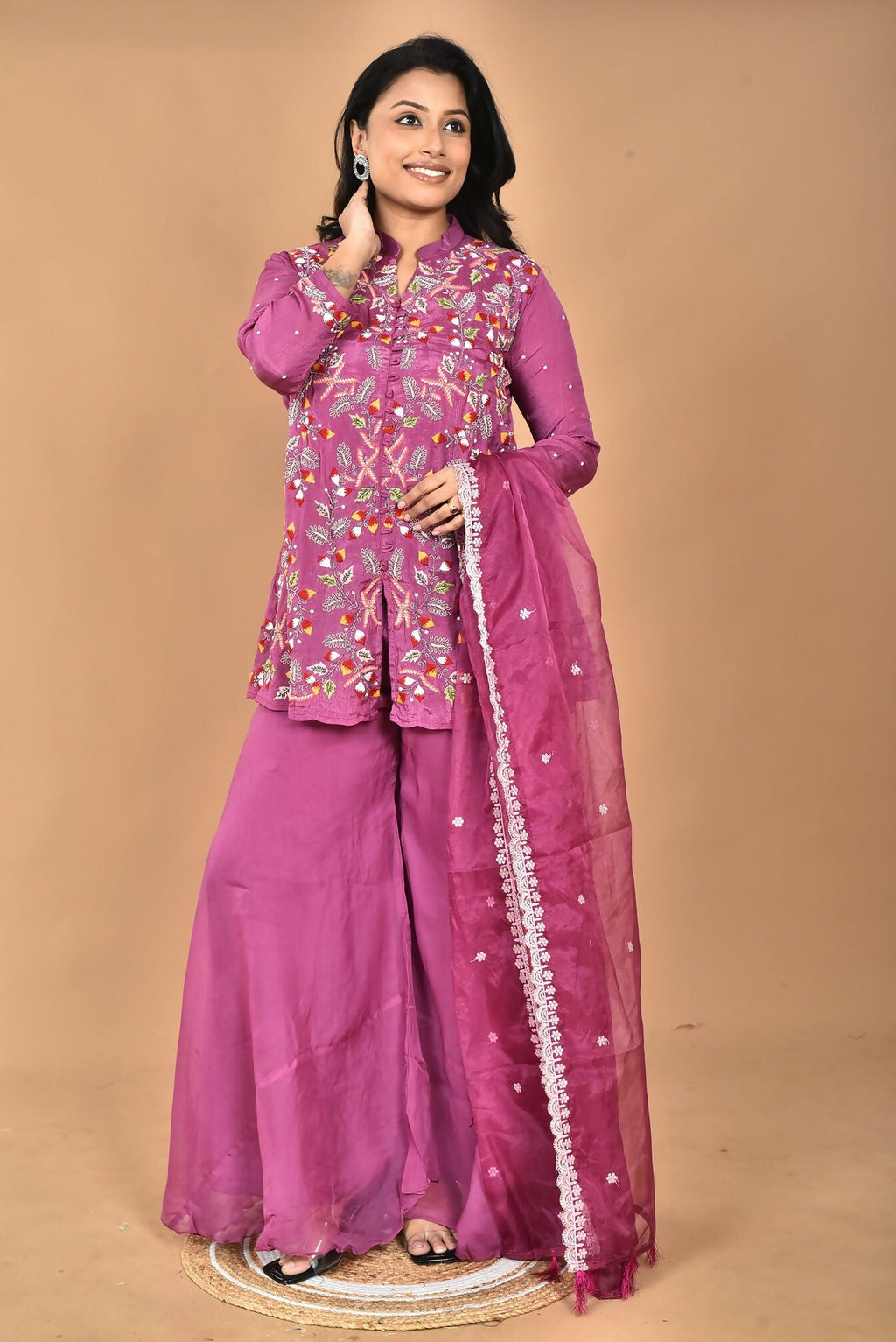 Morchari Women And Hand Embroidery Palazzo Set-Purple | Grocsy