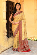 Joban Fashion Yellow Crepe Chiffon Pure Handloom Banarasi Silk Saree | Grocsy