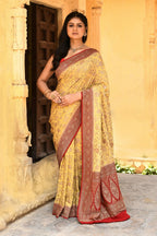 Joban Fashion Yellow Crepe Chiffon Pure Handloom Banarasi Silk Saree | Grocsy