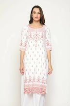 Maai Rayon Hand Printed Kurta Off-White | Grocsy