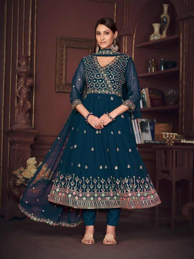 Jyoti Fashion Women's Rama Georgette Embroidered Anarkali Kurta Pant Set With Dupatta | Grocsy