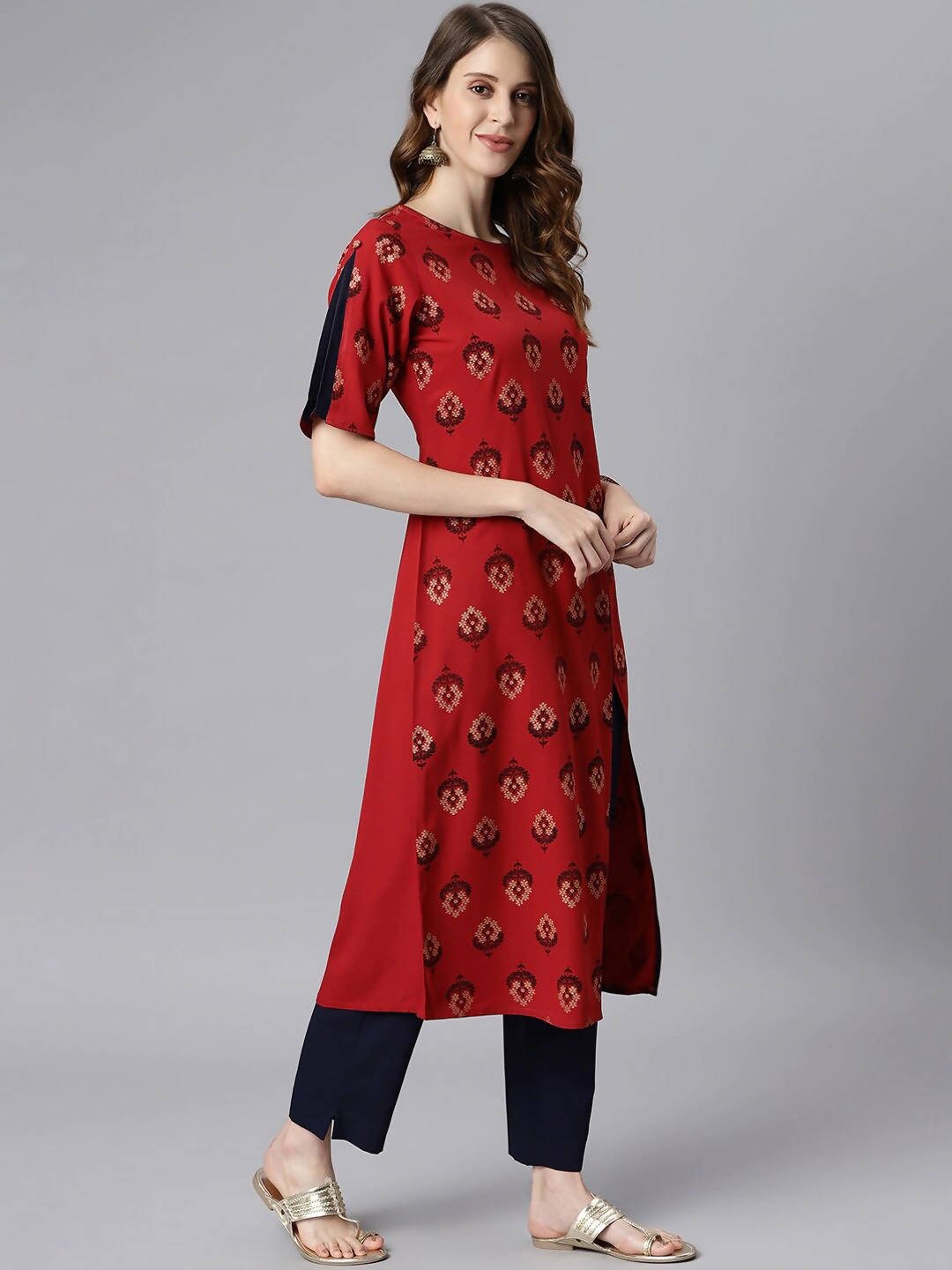 Janasya Women Maroon & Navy Blue Ethnic Motifs Printed Kurta with Trousers | Grocsy