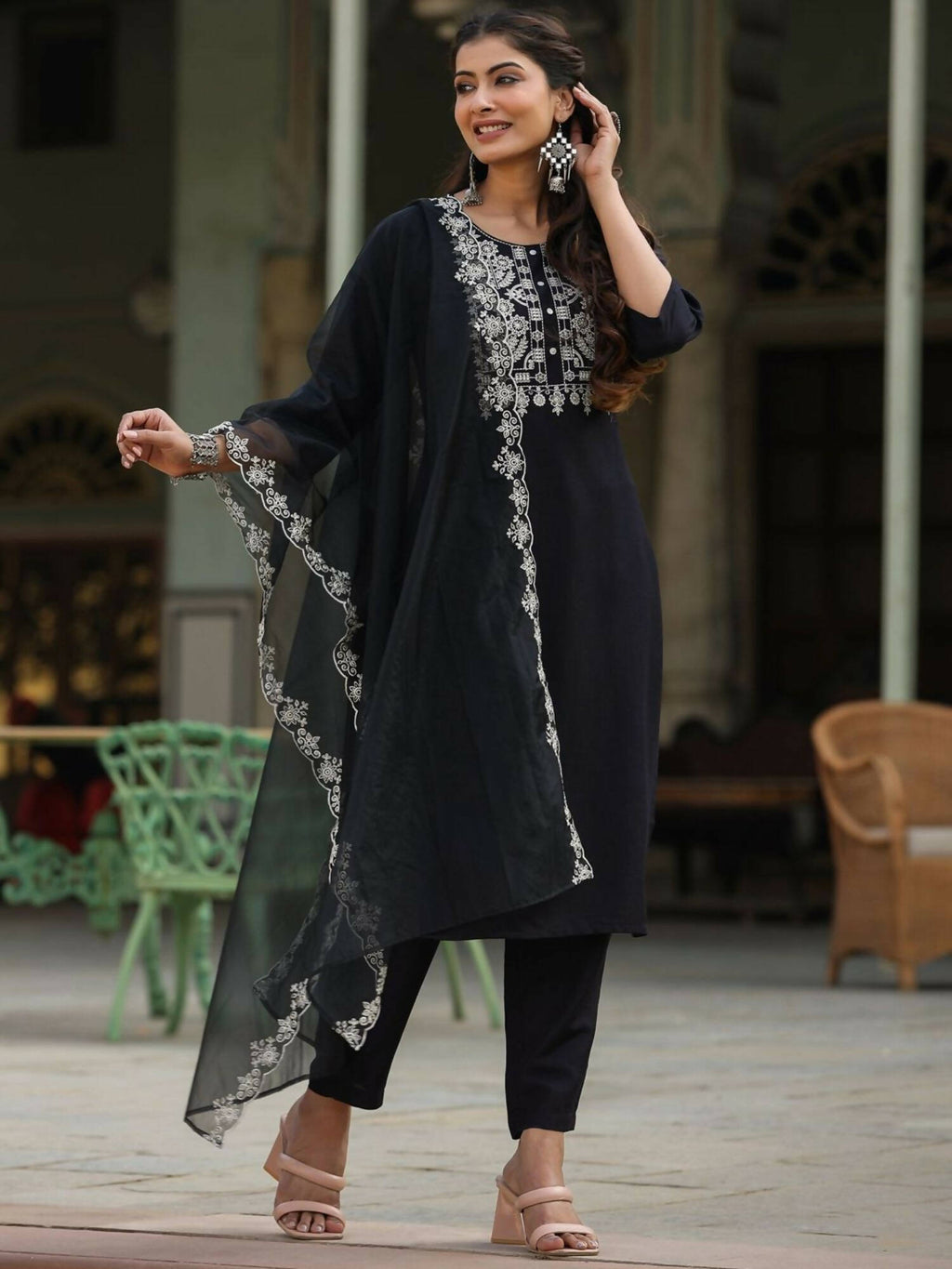 Juniper Women's Black Chinnon Solid Embroidered Kurta Set | Grocsy
