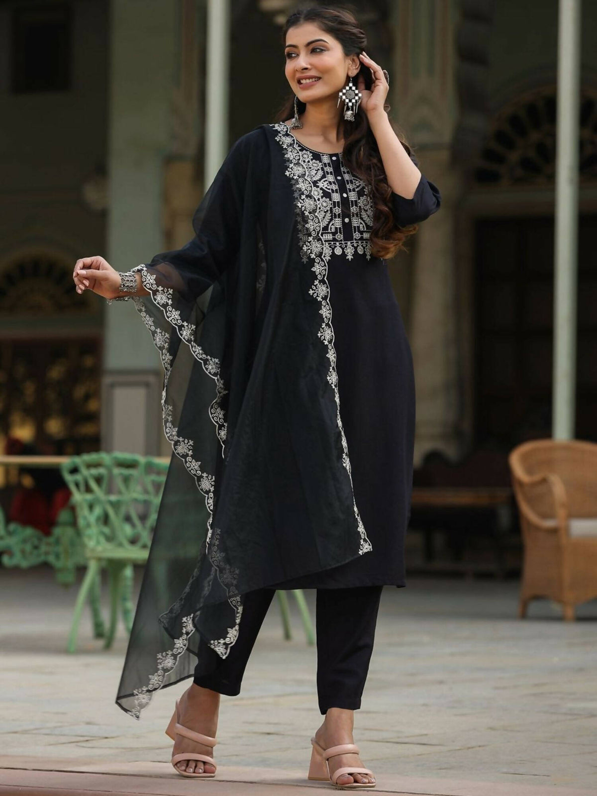 Juniper Women's Black Chinnon Solid Embroidered Kurta Set | Grocsy