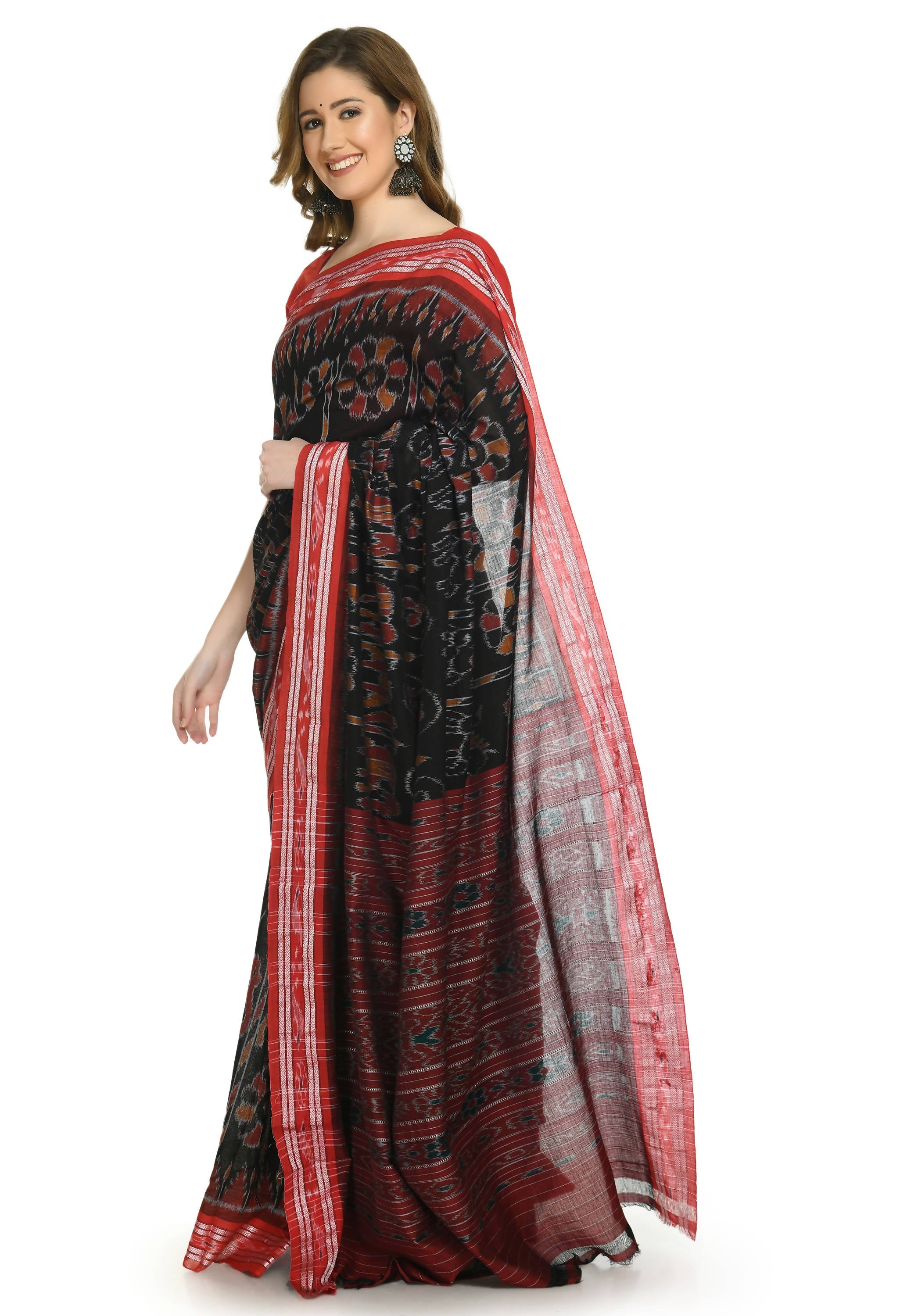 Vamika Sambalpuri Ikat Cotton Dehabandha Tribal Maroon & Orange Saree | Grocsy