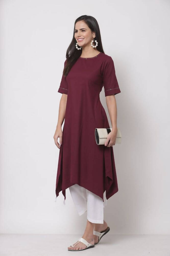 Myshka Women's Pure Cotton 3/4 Sleeve Round Neck Casual Maroon Dress | Grocsy