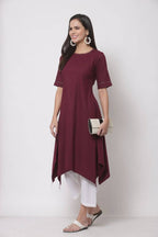 Myshka Women's Pure Cotton 3/4 Sleeve Round Neck Casual Maroon Dress | Grocsy