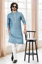 Raivat Ethnic Cotton Thread Work Kurta Pajama In Blue Colour | Grocsy