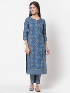 Myshka Women's Navy Blue Printed 3/4 Sleeve Cotton Round Neck Casual Kurta & Pant Set | Grocsy