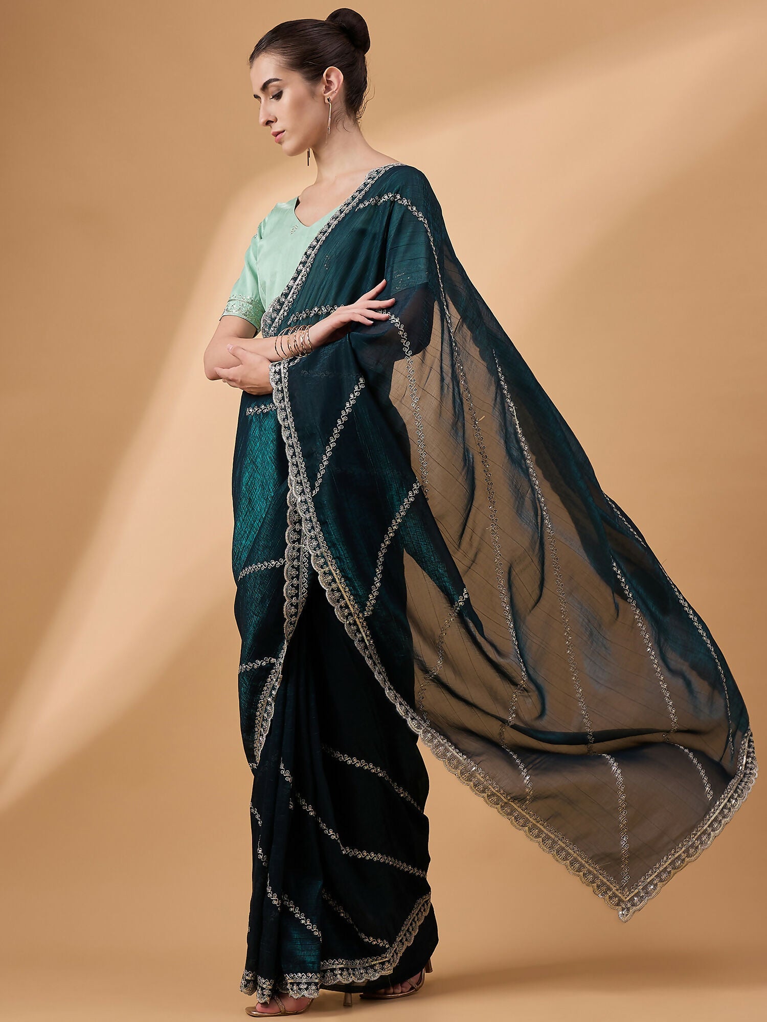 Blue Muslin Embroidered Saree with Unstitched Blouse Piece - Satya | Grocsy