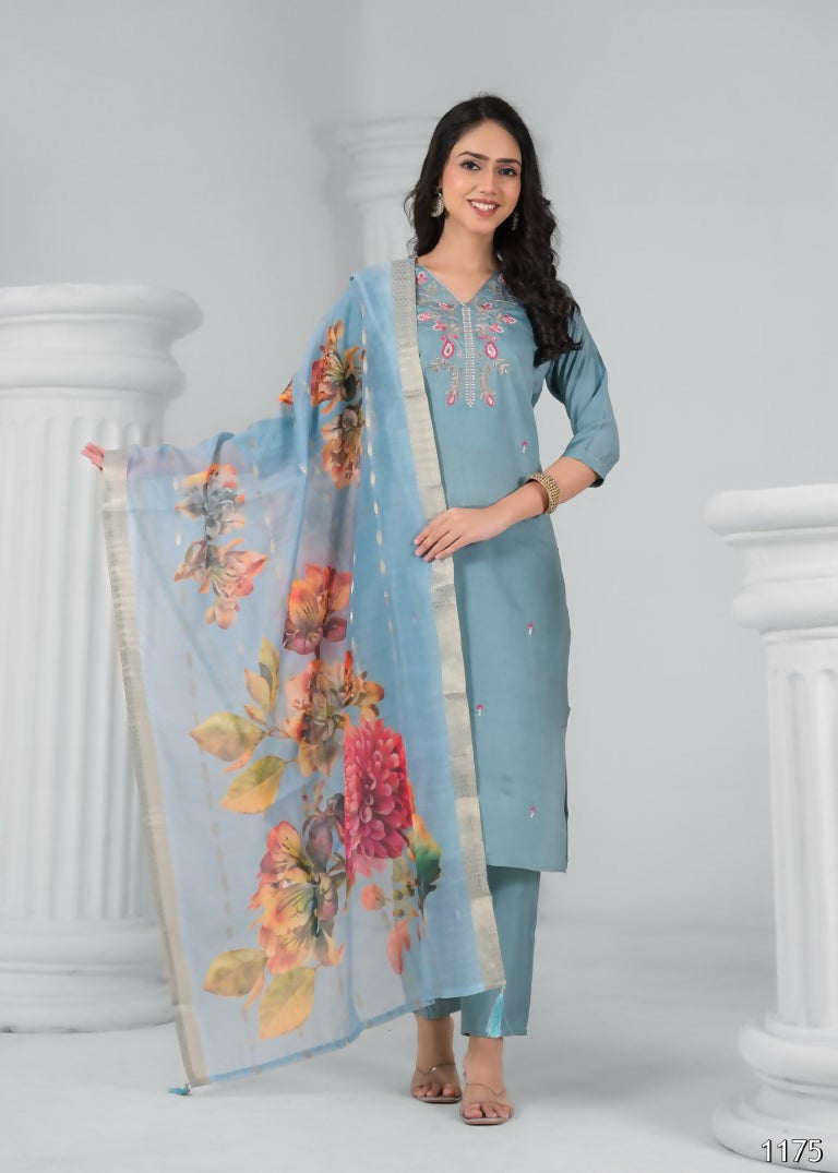 Ethnic Festive Wear Chanderi Viscose Sky Stitched Suit With Dupatta - Tanisha | Grocsy