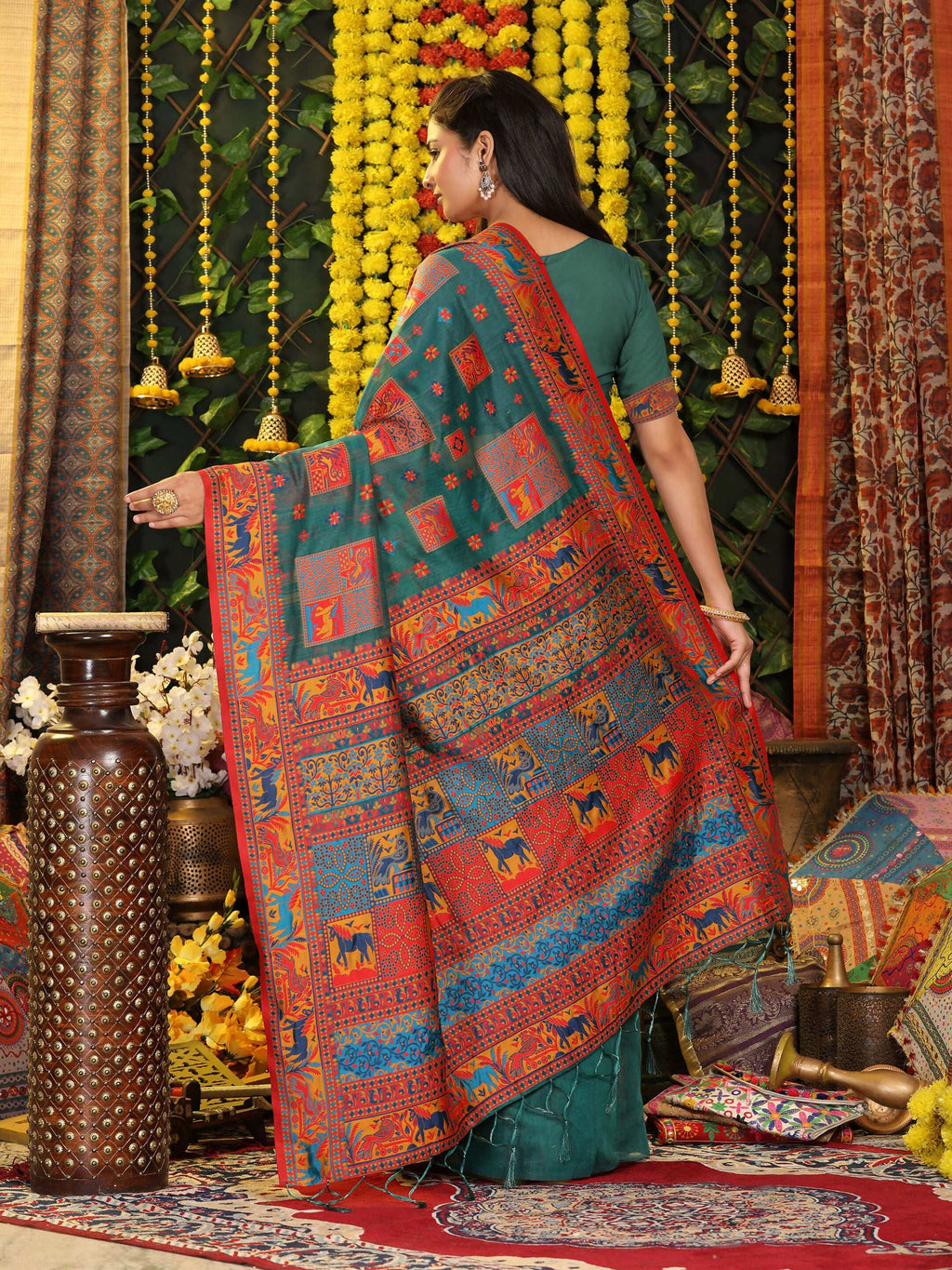Shree Shyam Fashion Linen Cotton Rama Green Saree | Grocsy