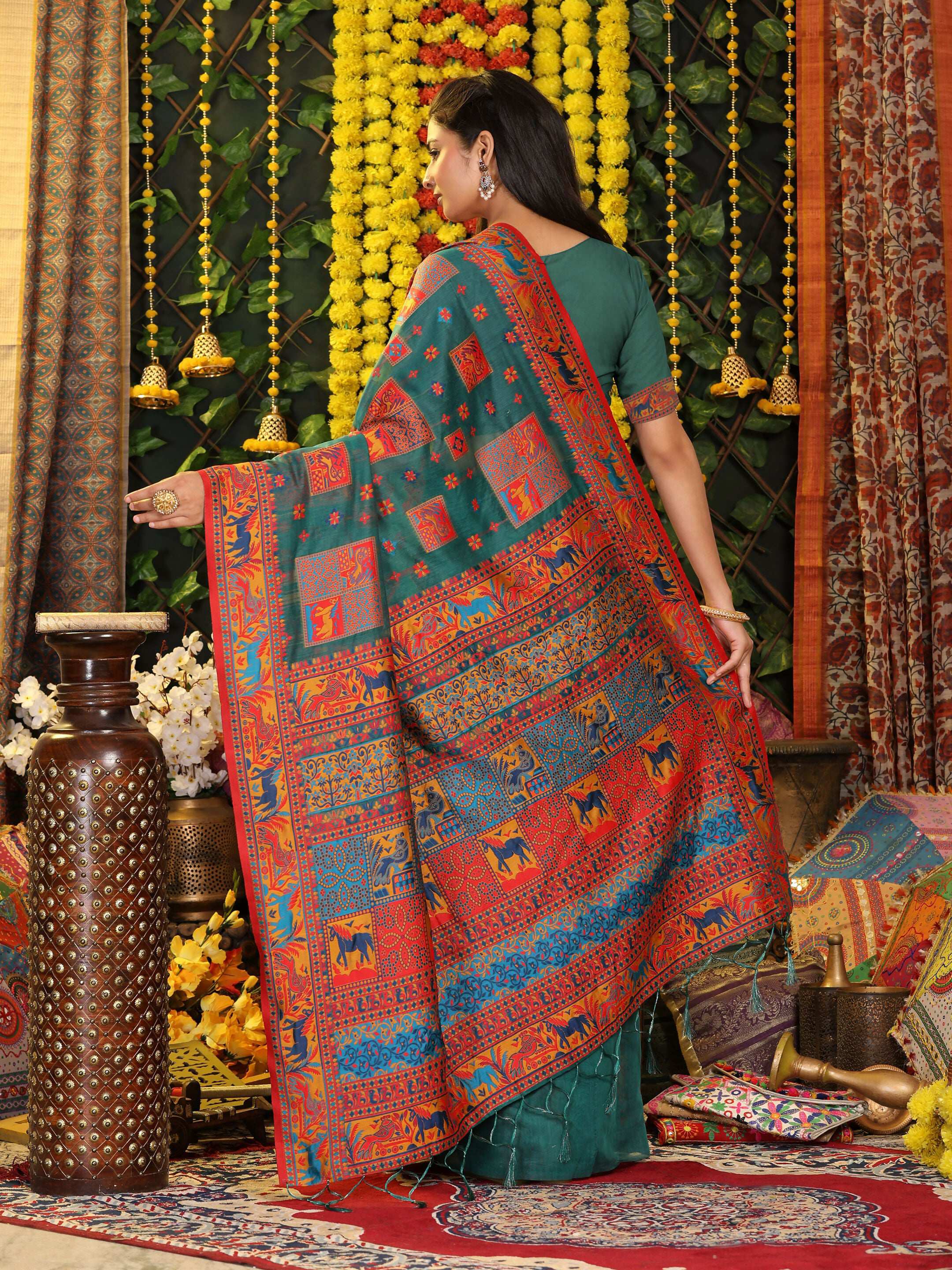 Shree Shyam Fashion Linen Cotton Rama Green Saree | Grocsy