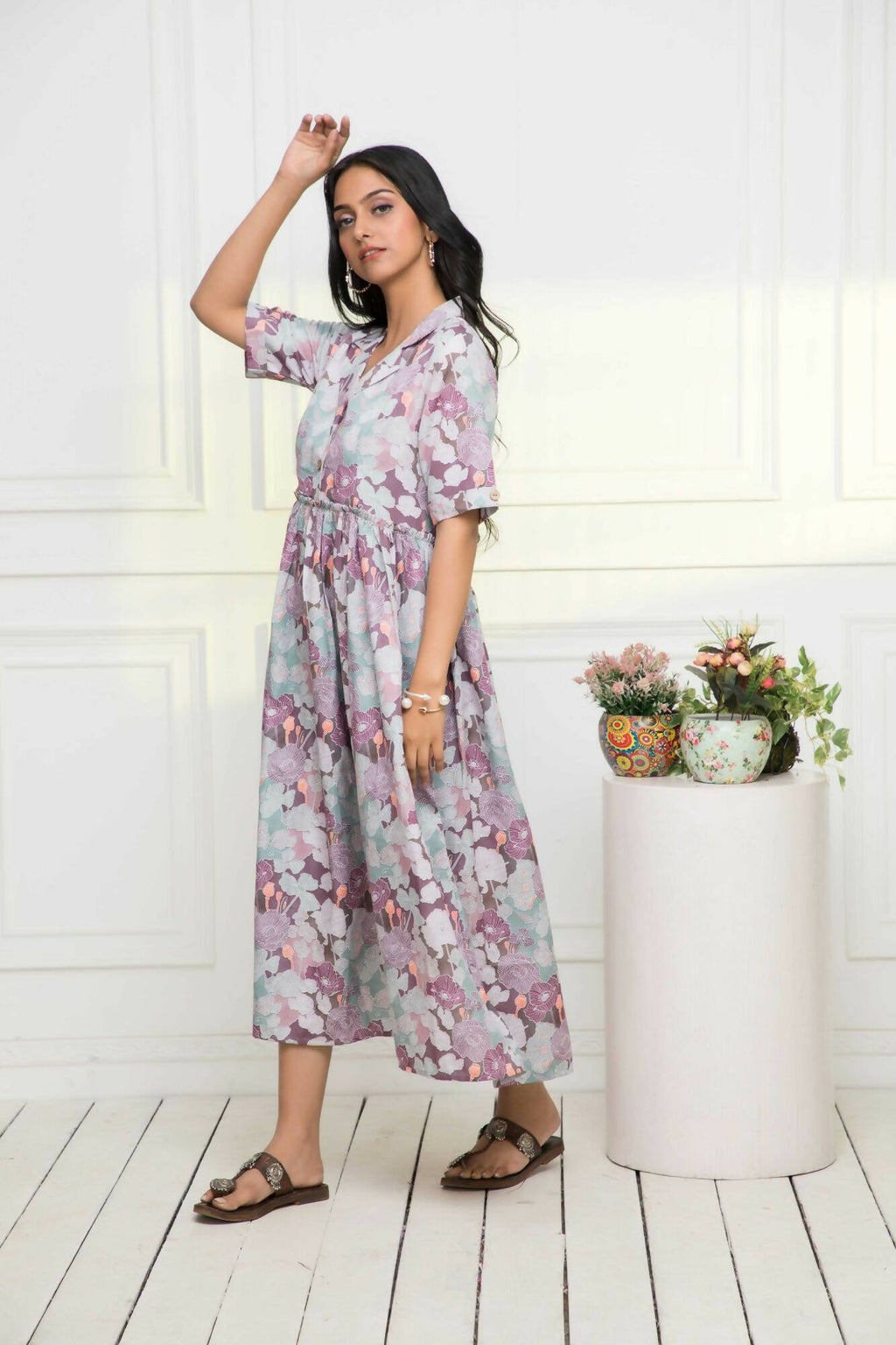Myshka Women Multi-Floral Rayon A-Line V-Neck Dress | Grocsy