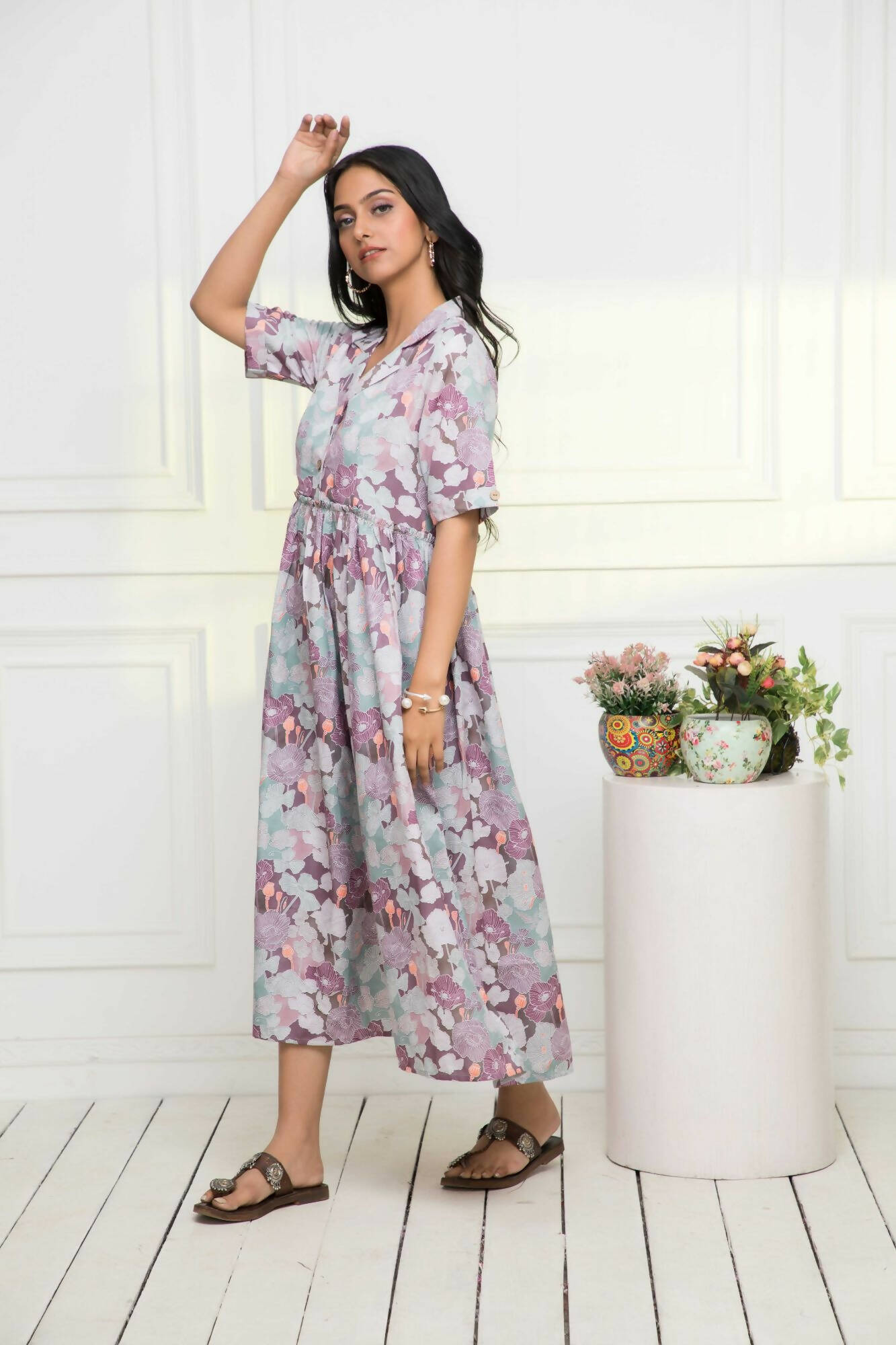 Myshka Women Multi-Floral Rayon A-Line V-Neck Dress | Grocsy