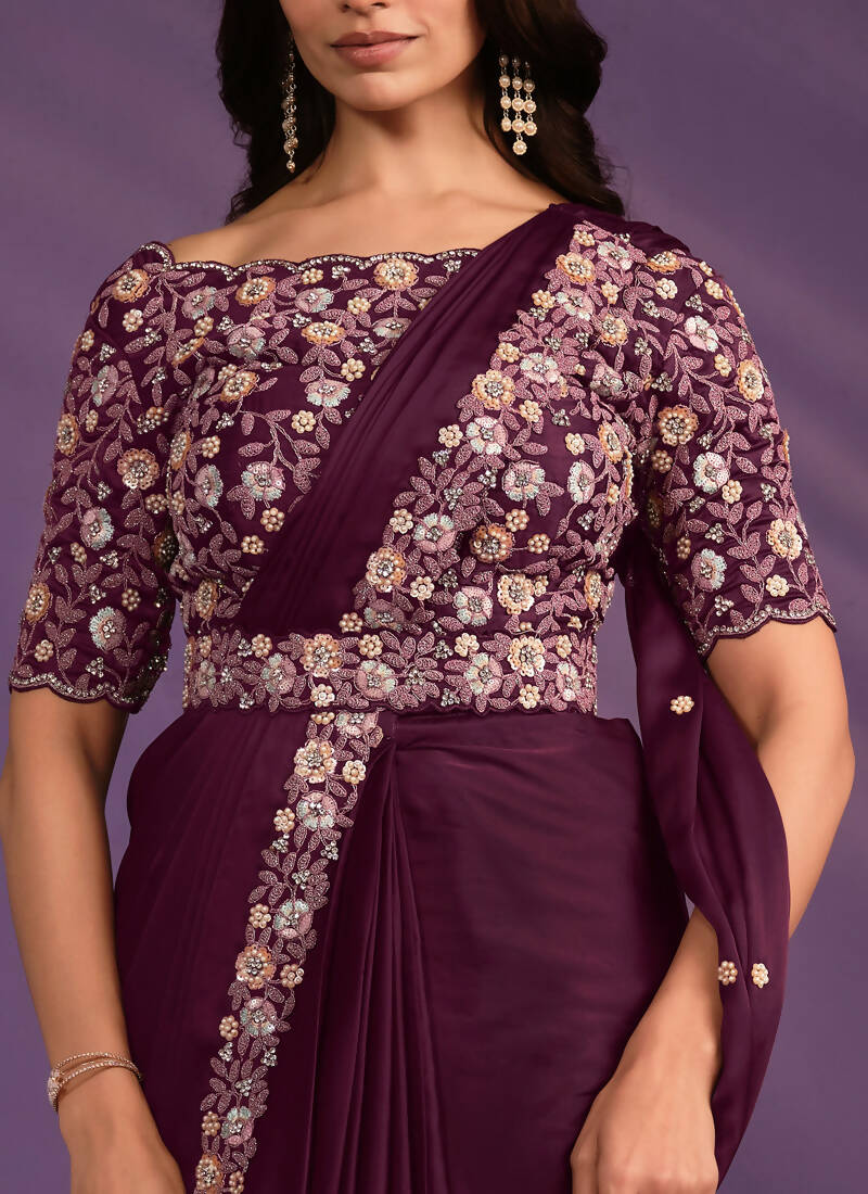 Wine Crepe Satin Silk Embroidered Saree With Stitched Blouse - Mohmanthan Exotica | Grocsy