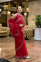 Vastranavya Red Embroidery Work Shimmer Chiffon Saree with Unstitched Blouse | Grocsy