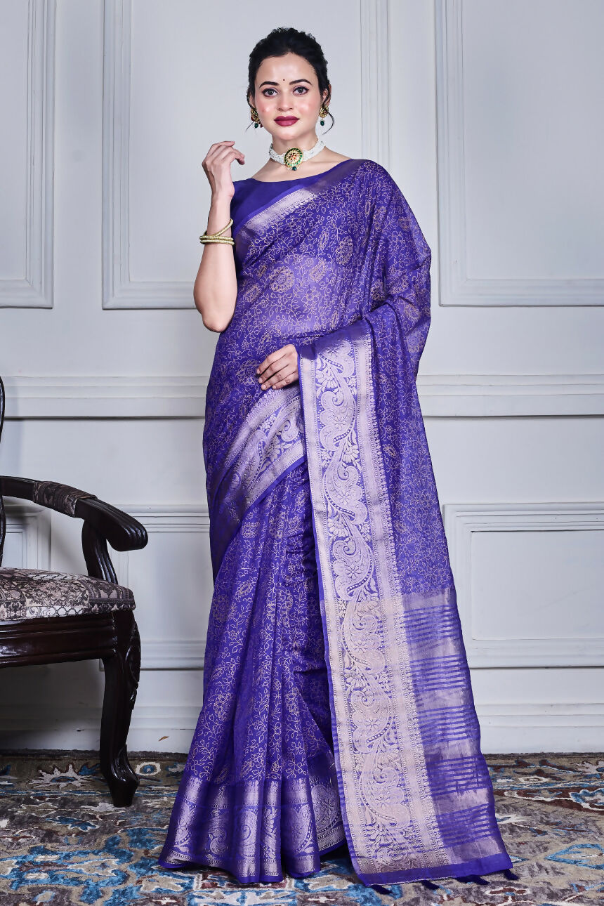 Morchari Dark Blue Script Printed Orzanga Saree Unstitched Blouse | Grocsy