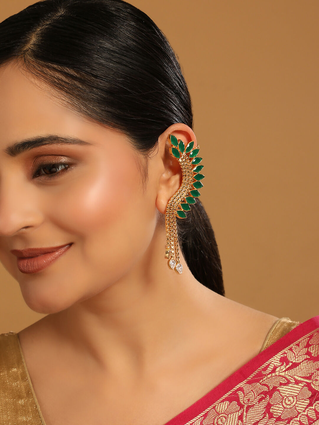 Nuyug 22K Gold Plated Faux Emerald Studded Contemporary Ear Cuff Earrings | Grocsy