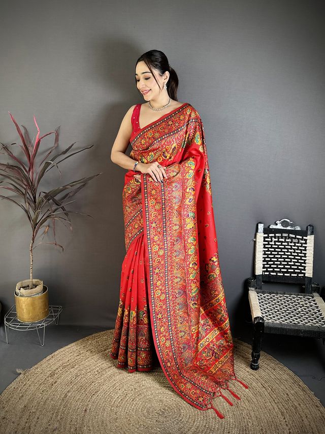 Elora Red Pashmina Silk Meenakari Weaving Madhubani Design Kashmiri Saree | Grocsy