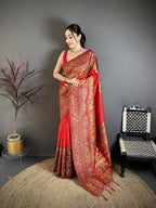 Elora Red Pashmina Silk Meenakari Weaving Madhubani Design Kashmiri Saree | Grocsy