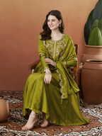 The52 Light Green Women's Beautiful Vichitra Silk Fabric Embroidered Work Flared Anarkali Pant and Dupatta Set | Grocsy