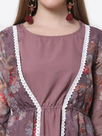 Myshka Mauve Color Organza Printed Dress | Grocsy