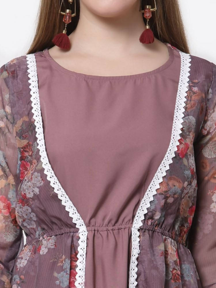 Myshka Mauve Color Organza Printed Dress | Grocsy