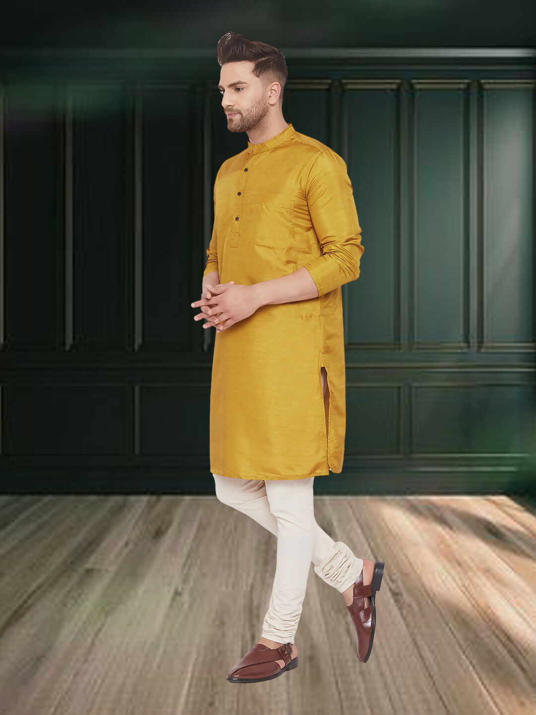 Even Apparels Men's Art Silk Beige Kurta | Grocsy