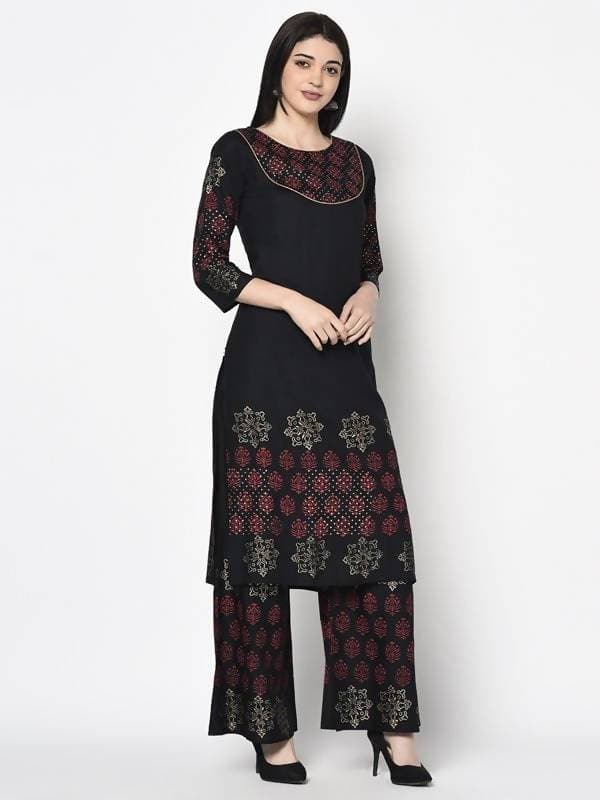 Aniyah Rayon Black Color Block Print Straight Kurta Palazzo Set (AN-189K) | Grocsy