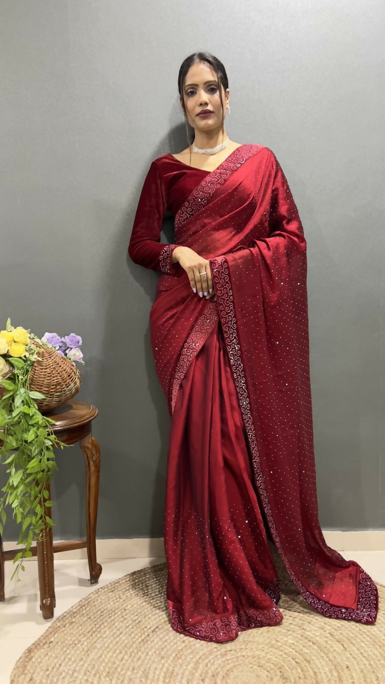 Vastranavya Maroon Rangoli Silk Swarovski work Ready to Wear Saree | Grocsy
