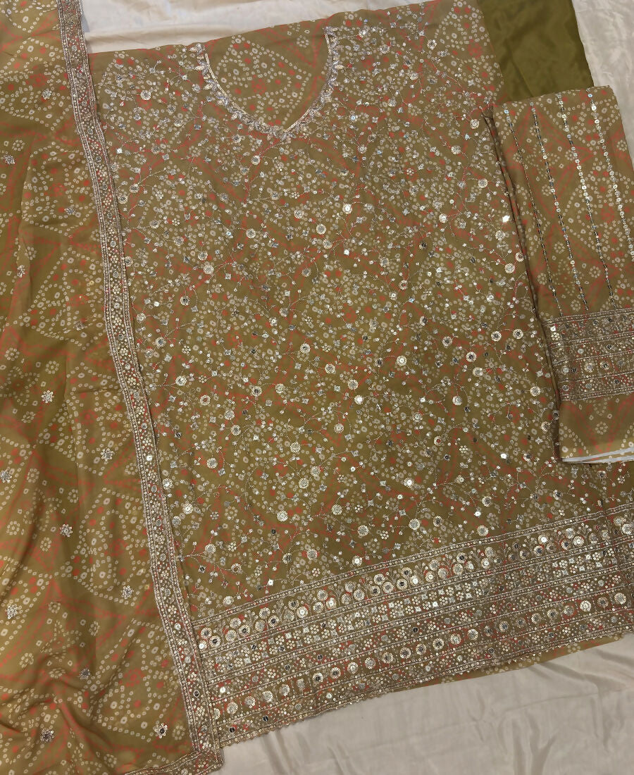KC Mustard Bandhani Printed Heavy Emrboidery Worked Sharara Suit Ethnic Wear | Grocsy